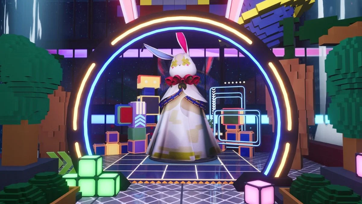 Large white rabbit mascot statue inside the Rabbit Hole Anomaly Zone in Neverness to Everness New Herland District.