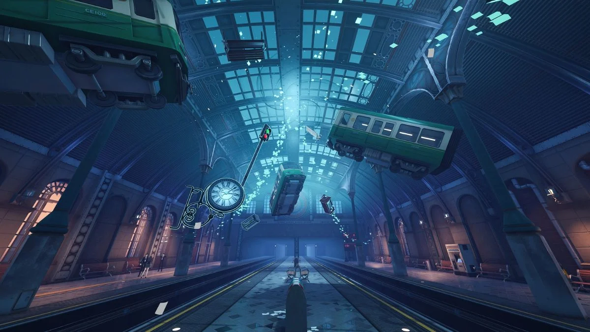 Neverness To Everness in-game screenshot of a supernatural train station with floating green trains.