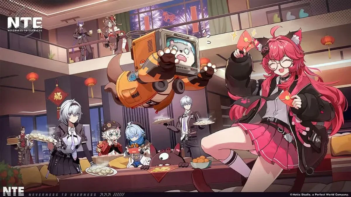Neverness to Everness characters including Mint, Haniel, and the protagonist celebrating together in a modern furnished apartment.
