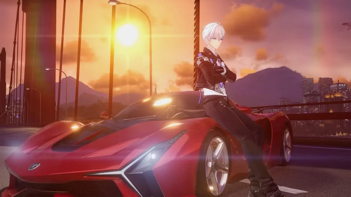 A male character leaning against a sleek red sports car at sunset in Neverness to Everness.