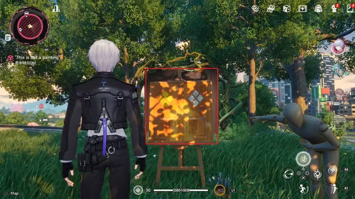 Neverness to Everness character standing before a painting on an easel and a puppet on a grassy hill in Miguel District.