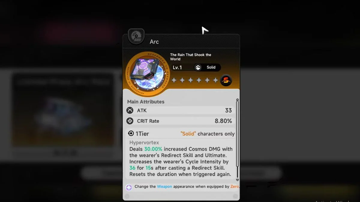 The Rain That Shook the World S-Rank Solid Arc stats and Hypervortex skill description in Neverness To Everness.