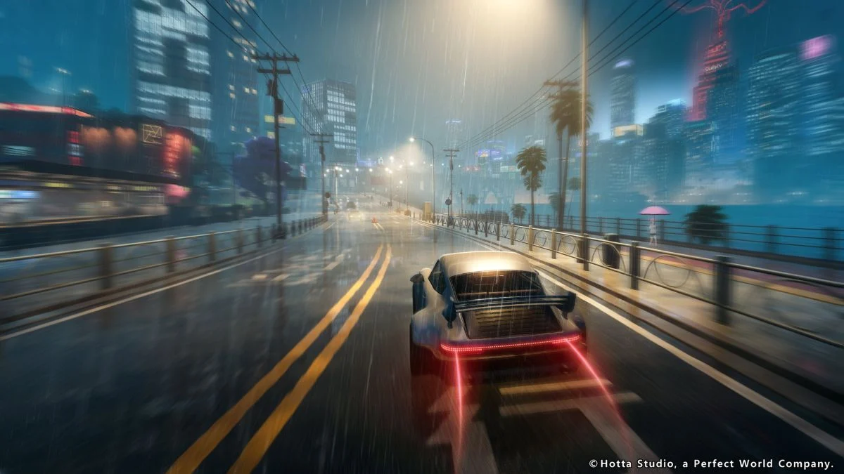 A silver sports car driving down a rain-slicked neon street in Hethereau at night in Neverness to Everness.