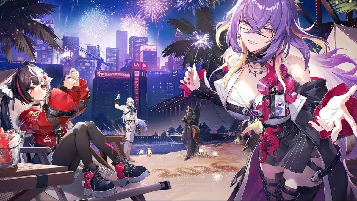 Characters Sakiri, Baicang, and Fadia celebrating on a beach with fireworks and sparklers in Neverness to Everness.