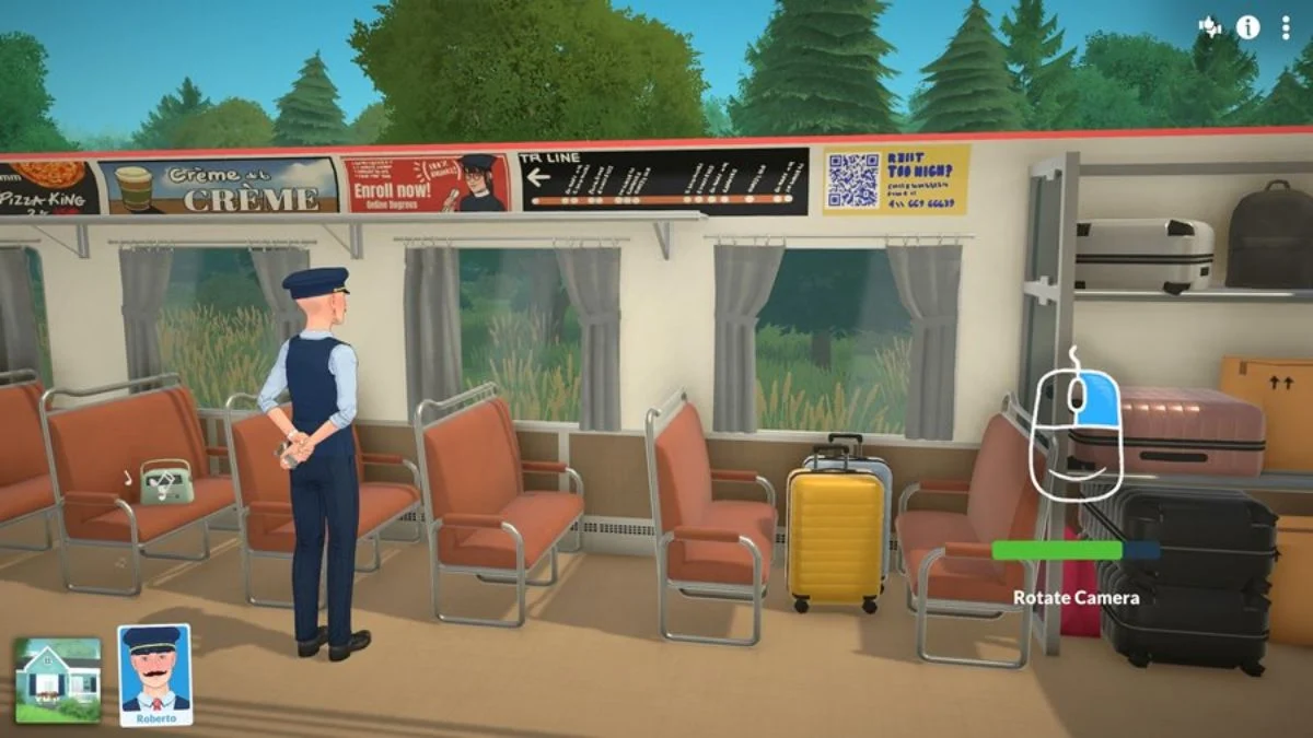 Paralives intro sequence scene inside a train carriage with Roberto the conductor character.