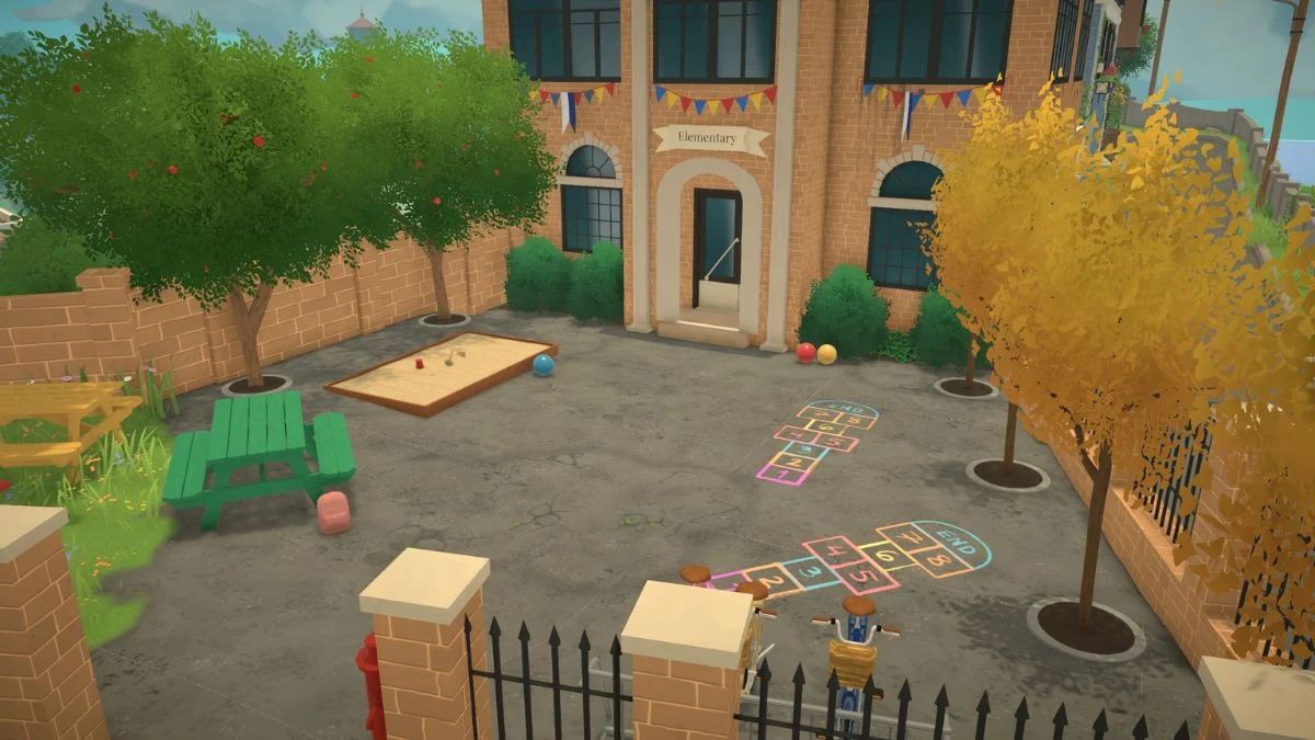 An outdoor courtyard scene of an elementary school building in Paralives with hopscotch grids and a sandbox.