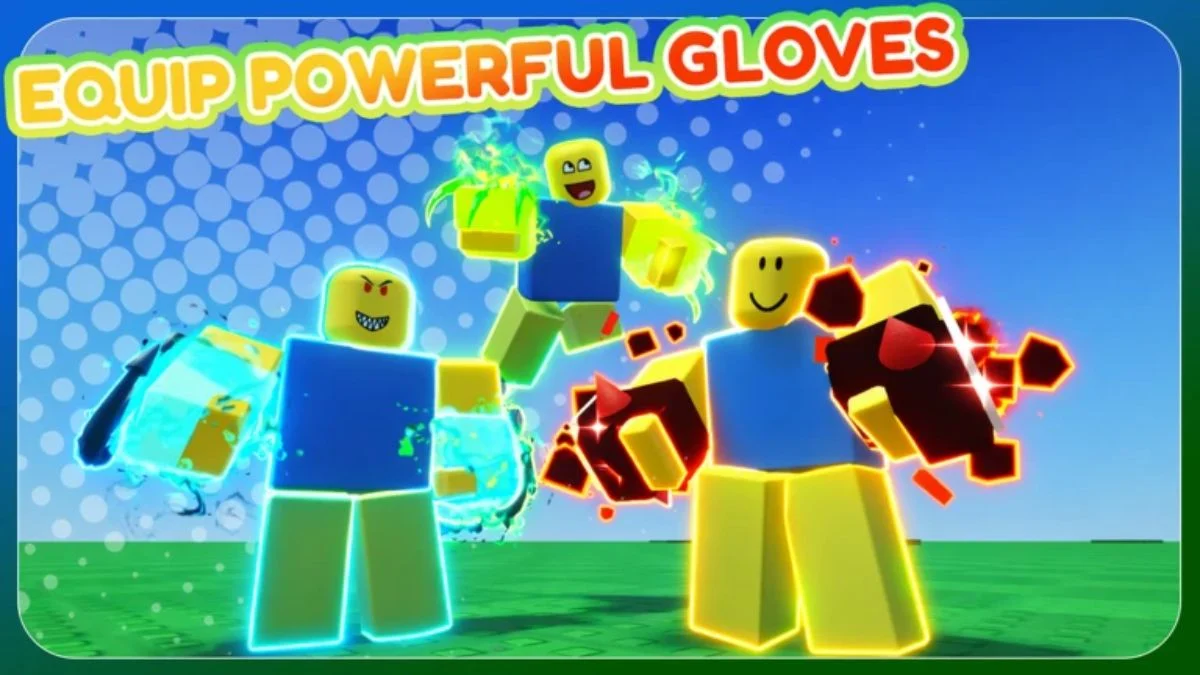 Three Roblox characters in Punch A Door showcasing different glowing elemental gloves with the text Equip Powerful Gloves.
