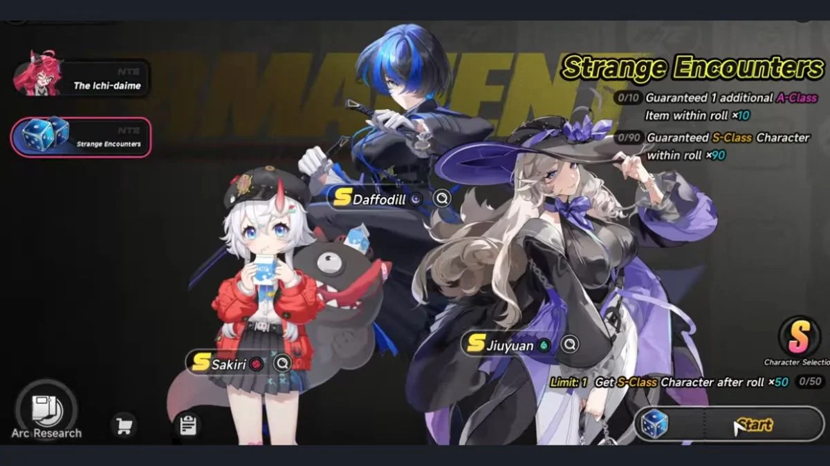 Neverness to Everness Strange Encounters Standard Banner featuring S-Rank characters Daffodill, Sakiri, and Jiuyuan.