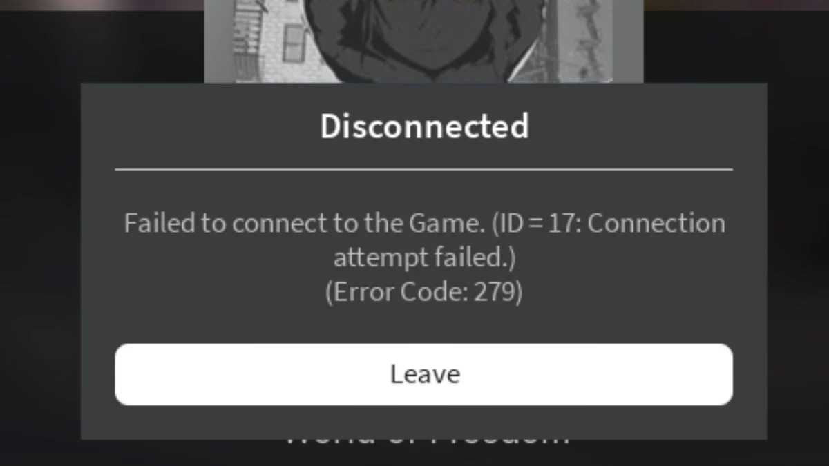 Roblox Disconnected pop-up message box displaying Connection attempt failed Error Code 279.