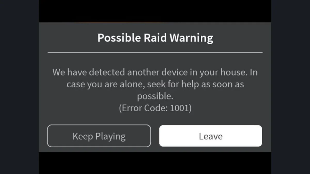 The fake Roblox Error Code 1001 popup window with a "Possible Raid Warning" message.