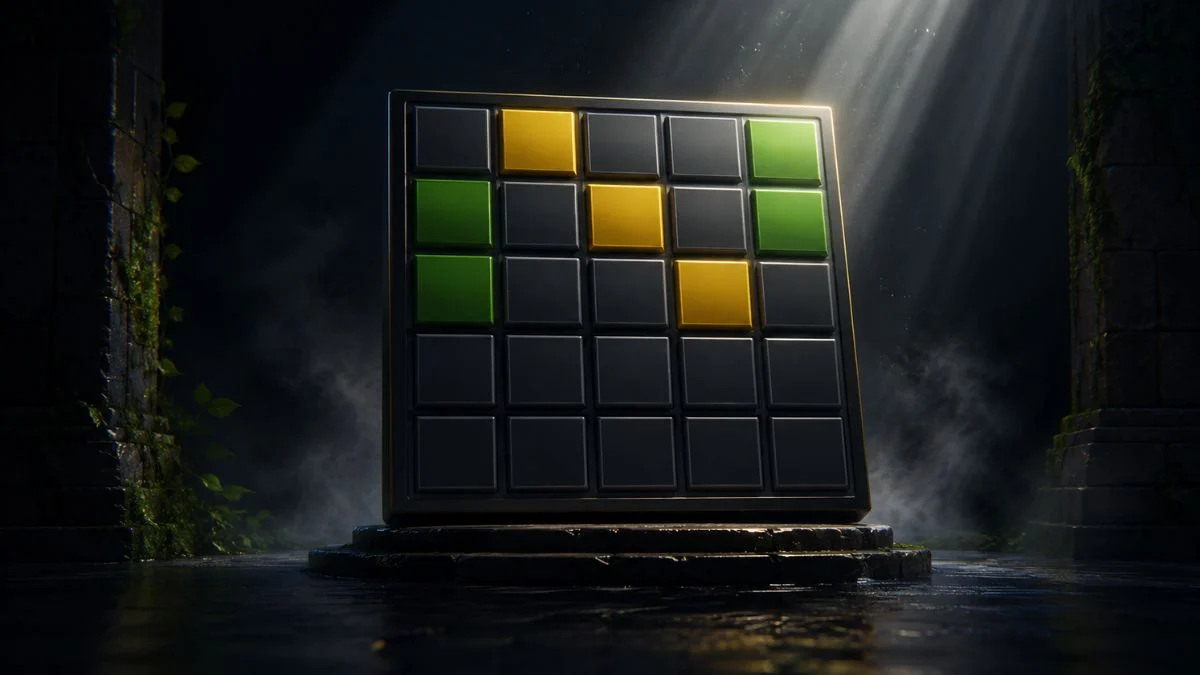 A dramatic, 3D-rendered Wordle puzzle board on a stone pedestal featuring green and yellow tiles.
