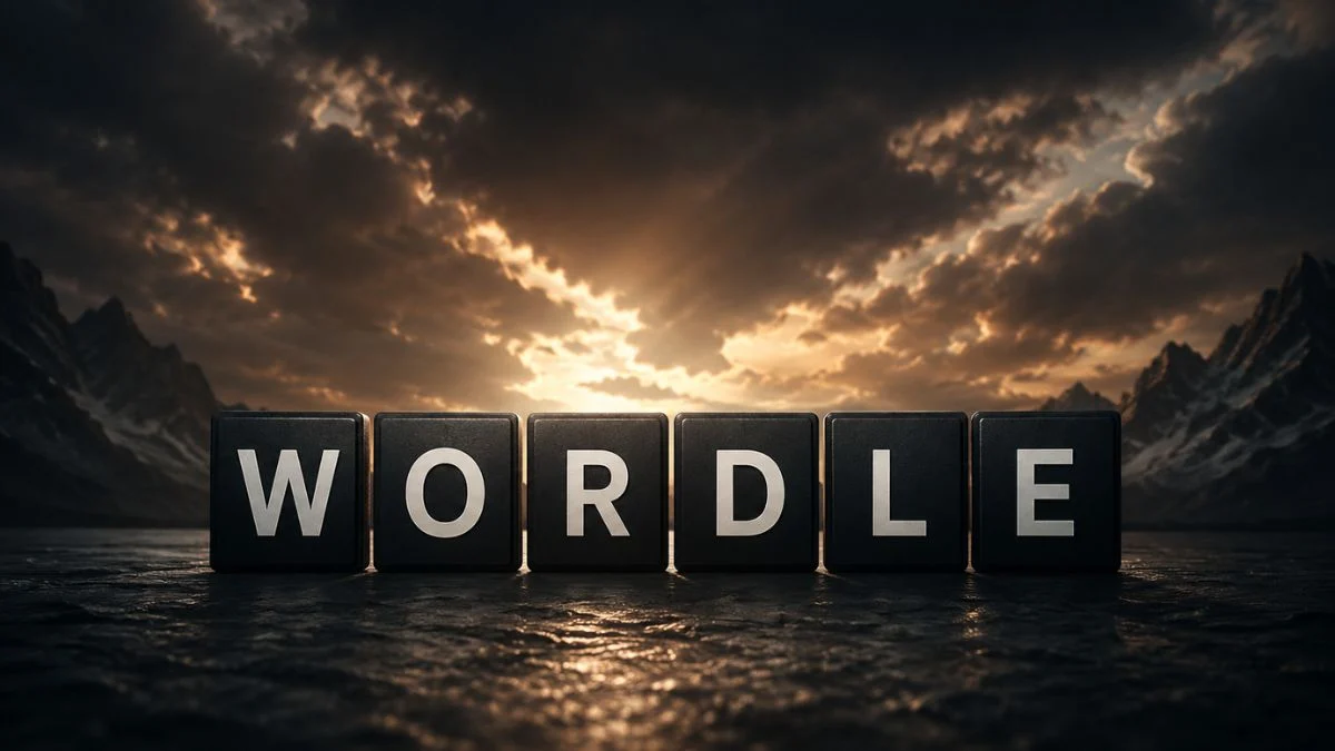 Large black tiles spelling the word WORDLE on a rocky ground with a dramatic mountain landscape and sunset in the background.