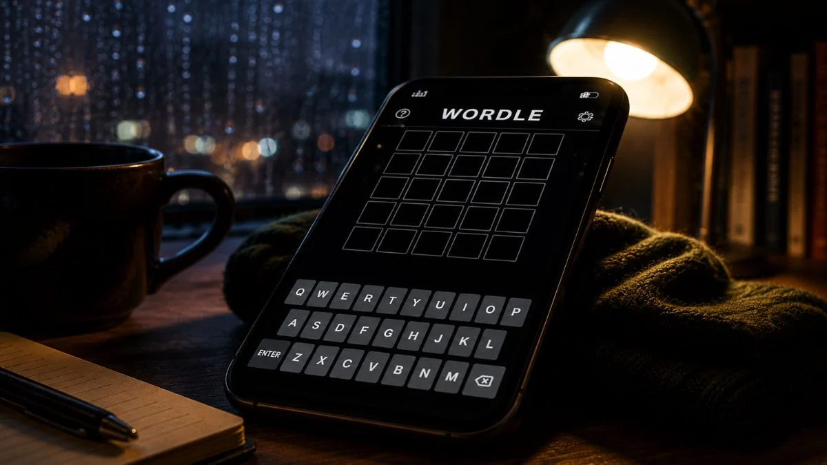 A dark smartphone screen resting on a wooden desk showing the empty letter grid and virtual keyboard of the Wordle puzzle game at night under a warm lamp.