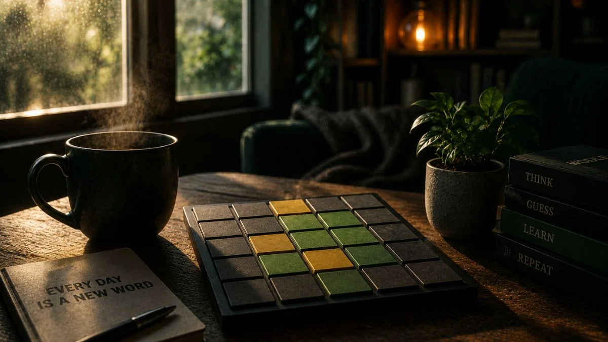 : A cozy tabletop setting featuring a physical Wordle board game with green and yellow tiles next to a steaming mug of coffee and a notebook.