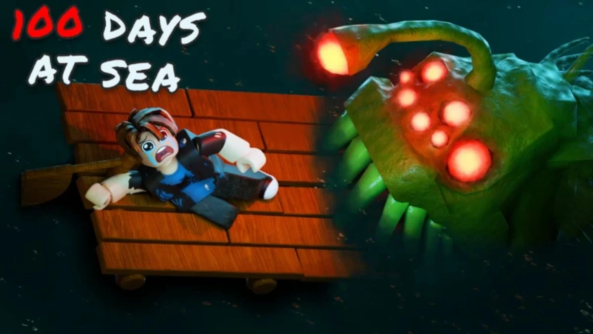 A terrified Roblox player on a wooden raft escaping a giant glowing-eyed green sea monster in 100 Days At Sea.