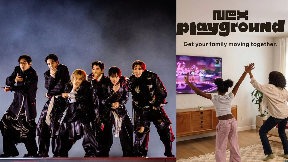 A split image featuring K-pop group BTS performing on stage next to a family playing a motion-controlled game on Nex Playground