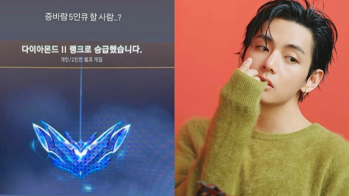 Split screen showing a League of Legends Diamond II rank promotion notification on the left and a portrait of BTS member V (Kim Taehyung) in a green knit sweater on the right.