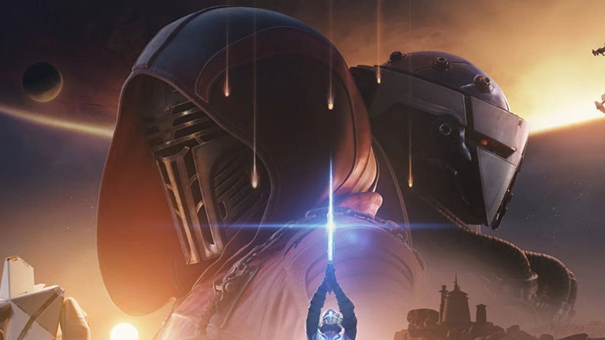 Promotional artwork for Destiny 2 featuring a prominent hooded Hunter character holding a glowing blade alongside an Exo character.