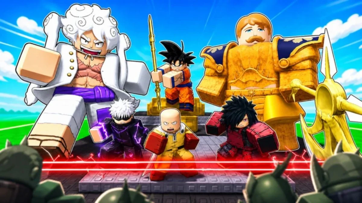 Promotional banner artwork for Roblox Defend Ur Base With Anime featuring various popular anime characters standing ready on a defense grid.