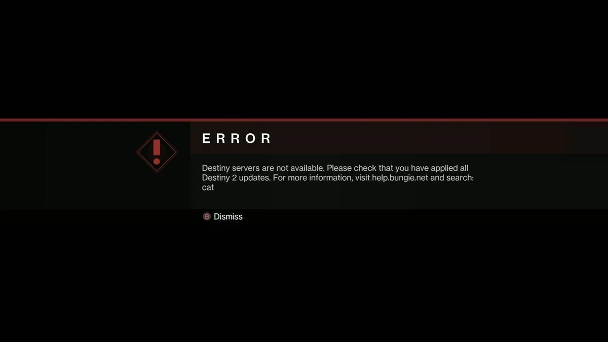 Destiny 2 in-game error screen showing the cat error code and server unavailable message