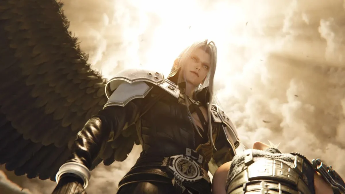 Sephiroth looking down with a single black wing extended against a bright, cloudy sky filled with sunlight.