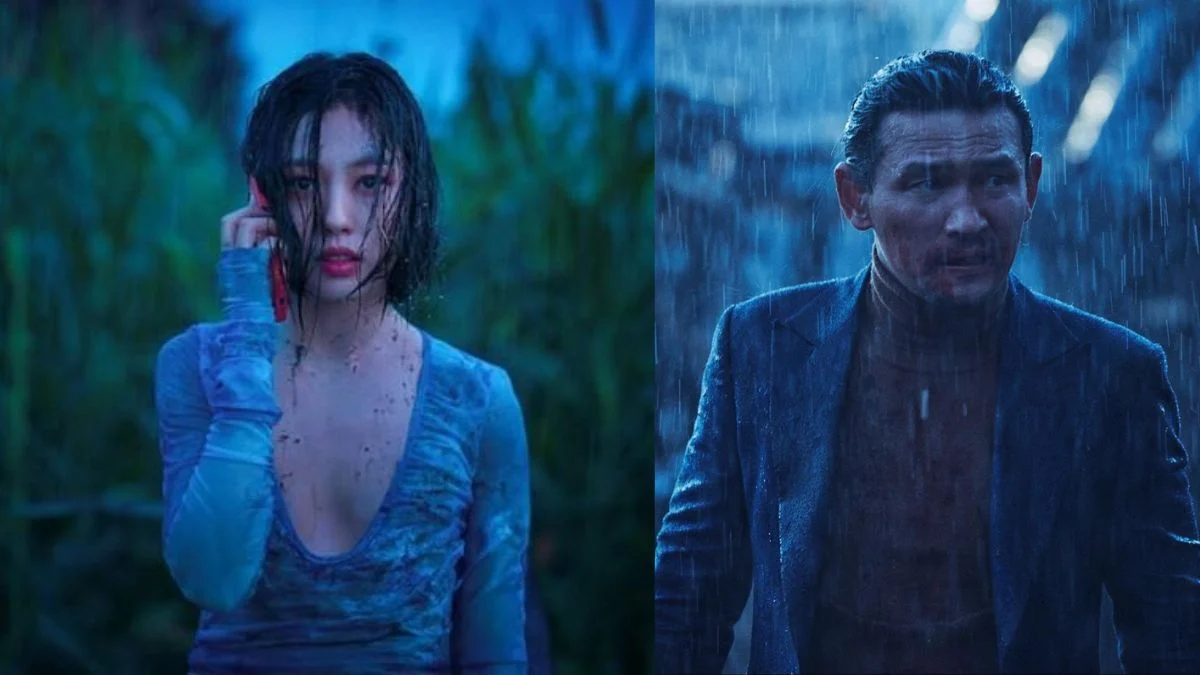 South Korean actors Go Min Si and Hwang Jung Min looking intense in rain-soaked dramatic scenes representing their casting in the horror film A Good Place to Live.