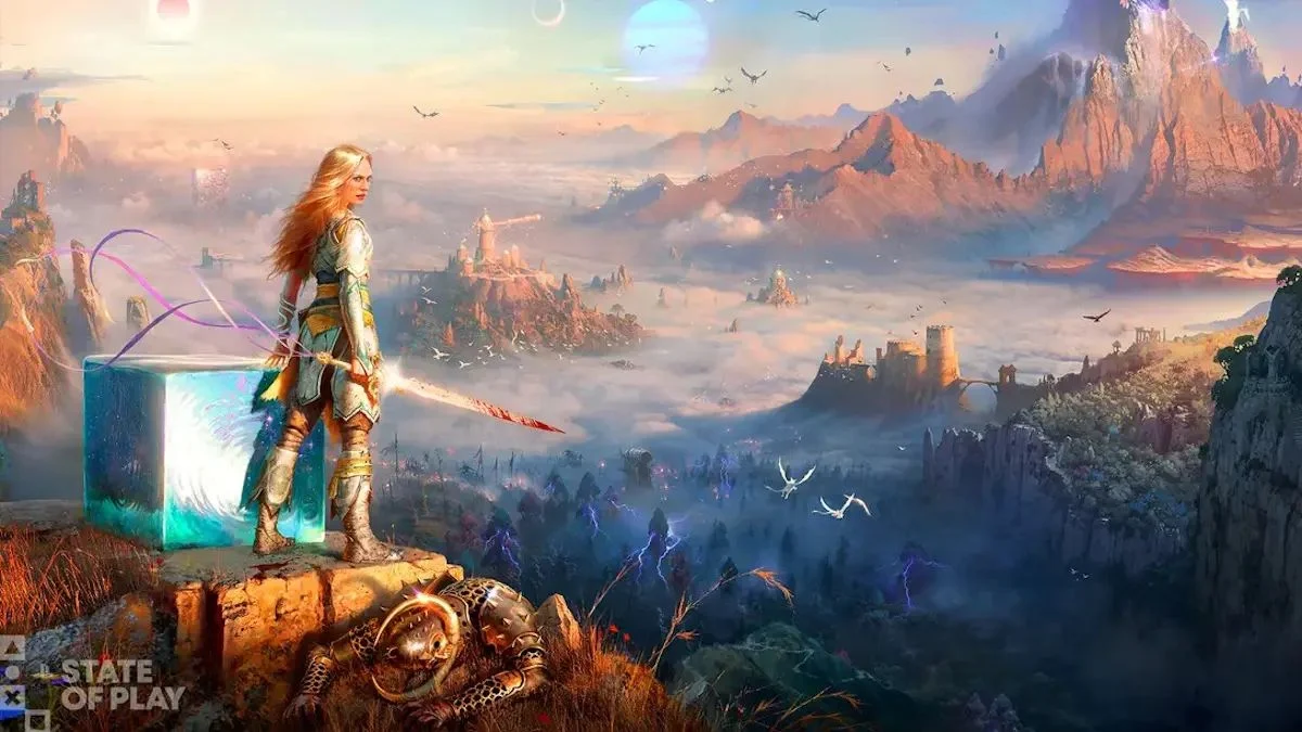 Faye holding a glowing sword next to a blue cosmic cube looking out over the sprawling mystical realm of the Everywhen in God of War Laufey.