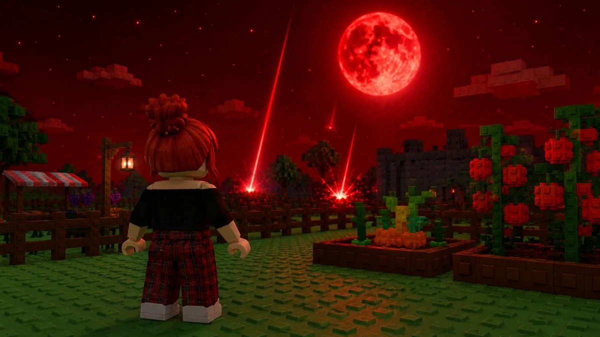 A Roblox character looking up at a giant glowing red Blood Moon as red laser beams strike a garden plot