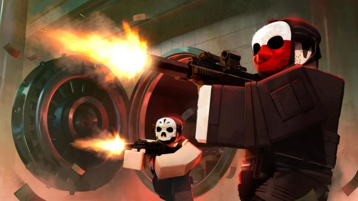 Roblox Hekmatyar promotional artwork showing blocky characters wearing masks and firing assault rifles in front of an open bank vault.