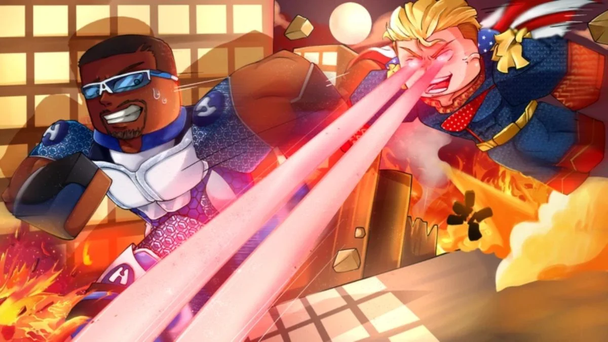 Action art of a superhero character running away from a laser-shooting villain in Roblox Hide From The Villain.