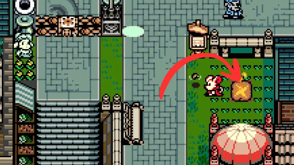 A top-down view of Mina next to a glowing beige square tile burrow hole with a red arrow pointing to it in Mina the Hollower.