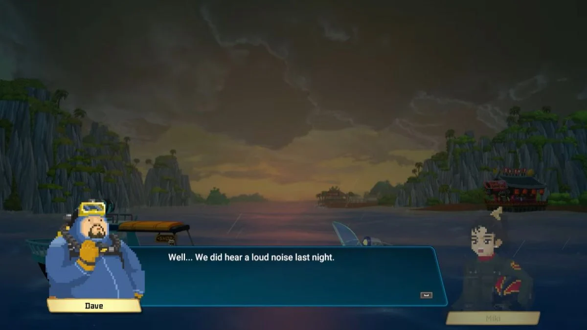 Dave and Miki conversing on a boat during an evening rain scene in Dave the Diver.