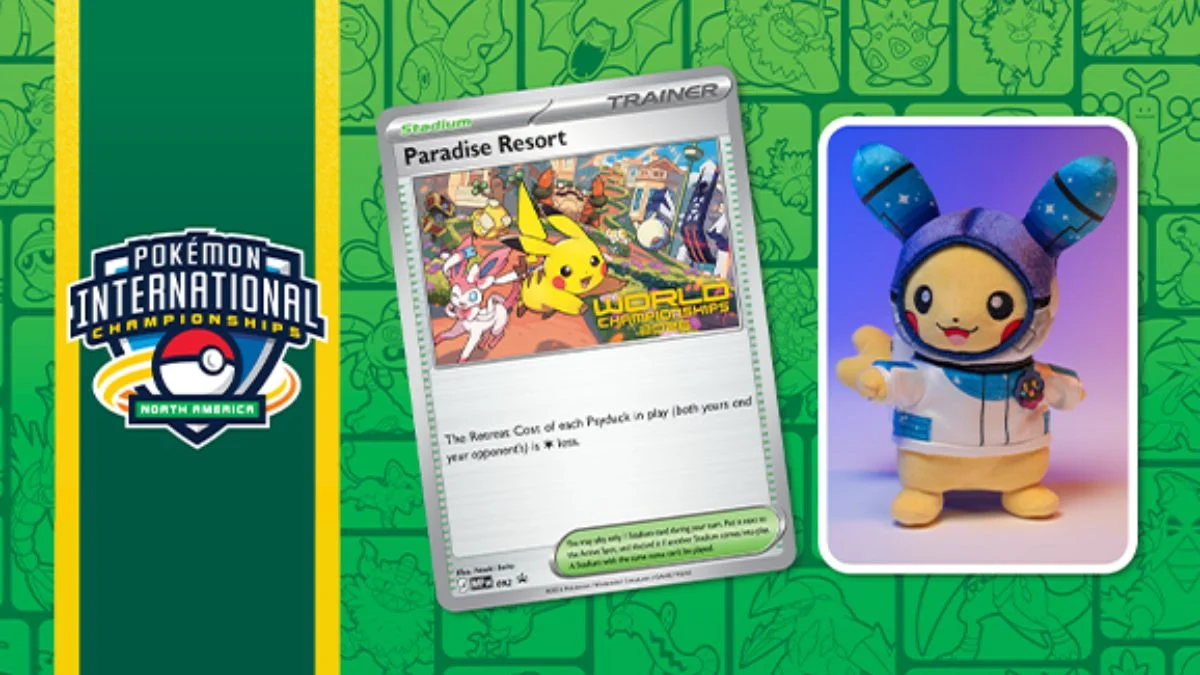 A graphic showcasing the Pokémon International Championships North America logo alongside the 2026 Paradise Resort stadium trainer card and an exclusive Pikachu plush wearing a blue space suit with Cosmog motifs.
