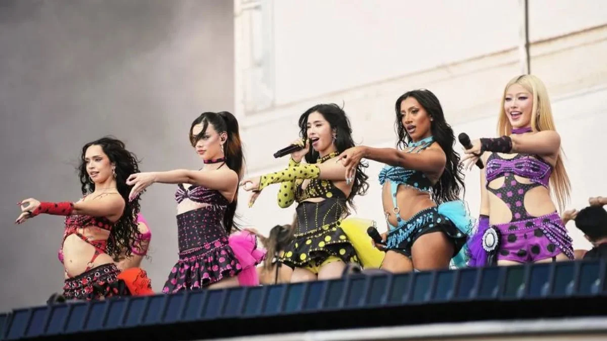 KATSEYE members Sophia, Daniela, Lara, Megan, and Yoonchae performing on stage at Governors Ball 2026 in New York.