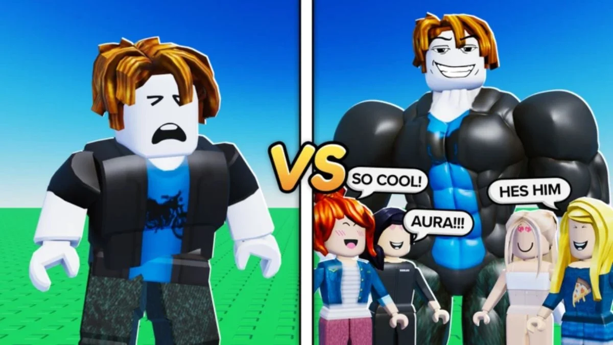 Roblox game art displaying a weak standard avatar contrasting against a muscular, buff avatar surrounded by admiring players.
