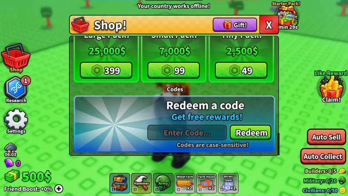 The in-game shop and code redemption menu overlay in the Roblox game Mini War.