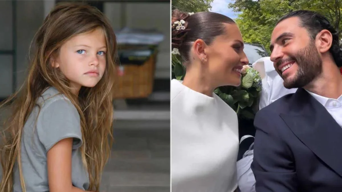 Side-by-side comparison of Thylane Blondeau as a famous child model with striking blue eyes and her smiling next to husband Ben Attal on her wedding day.