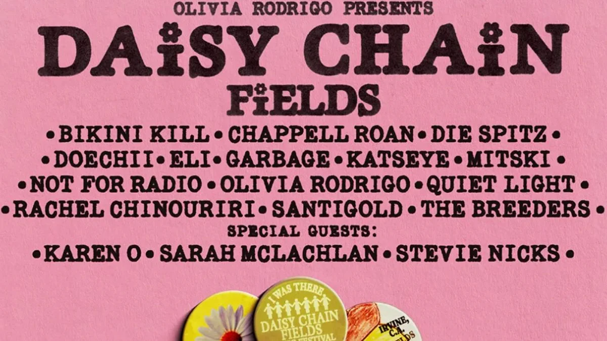 Official lineup poster for Olivia Rodrigo presents Daisy Chain Fields festival on a pink textured background.