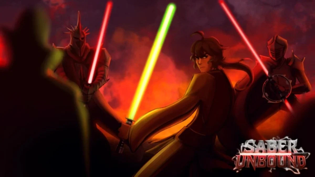 Dramatic digital concept artwork for Roblox Saber Unbound showing lightsaber dueling characters under a dark crimson sky.