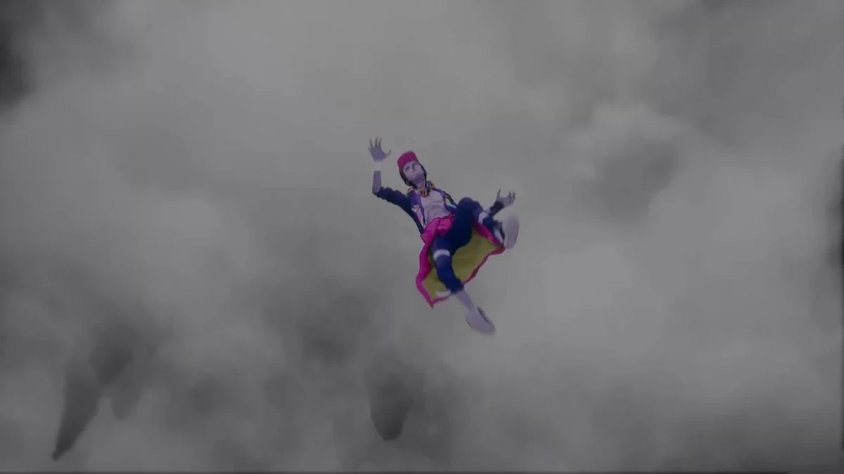 The zombie protagonist Davy falling backward through dark, thick clouds in the Stupid Never Dies release date window trailer.