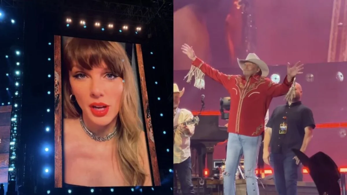 Side-by-side split image showing Taylor Swift's video message playing on a giant stadium screen on the left, and country music icon Alan Jackson waving to the crowd in a red fringed shirt and cowboy hat on the right.