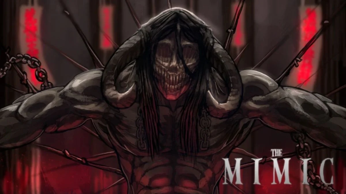 Terrifying digital artwork for Roblox The Mimic depicting a muscular, chained monster with large horns and a skeletal face.