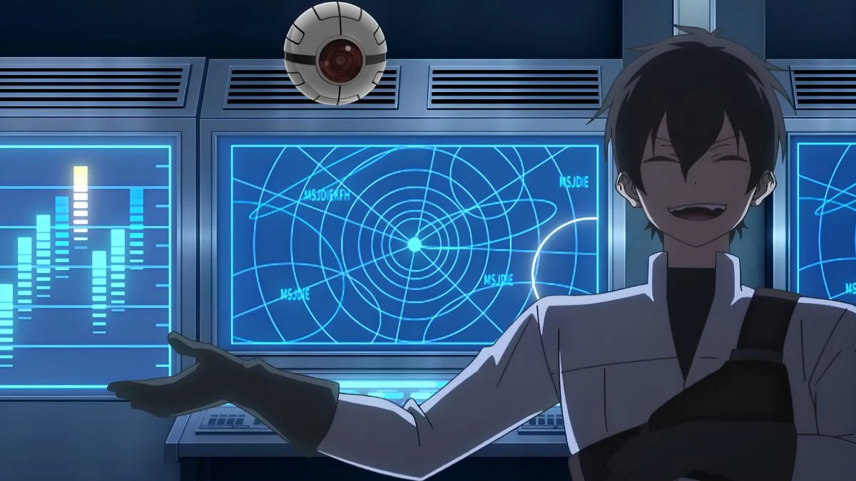 Leon laughing with Luxion floating above him in a high-tech control room screenshot from Trapped in a Dating Sim Season 2.