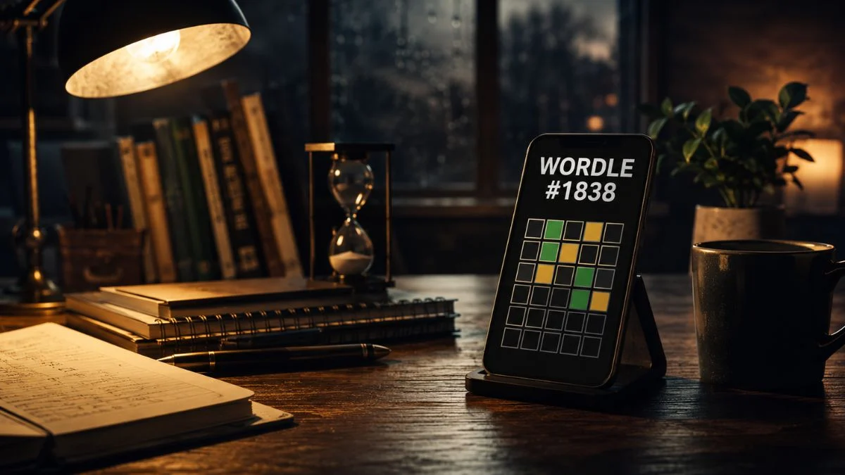 A smartphone displaying a Wordle game grid labeled WORDLE #1838 resting on a rustic wooden desk under a warm lamp light.