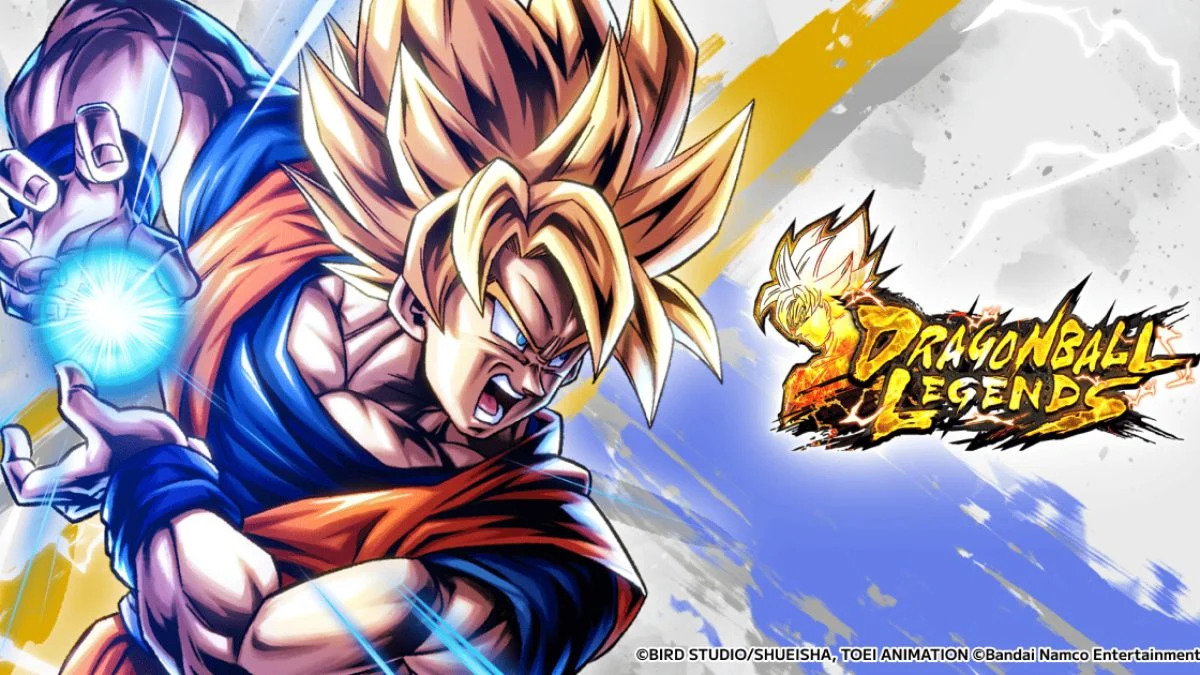 Super Saiyan Goku charging a blue energy blast on a stylized background next to the official Dragon Ball Legends game logo.
