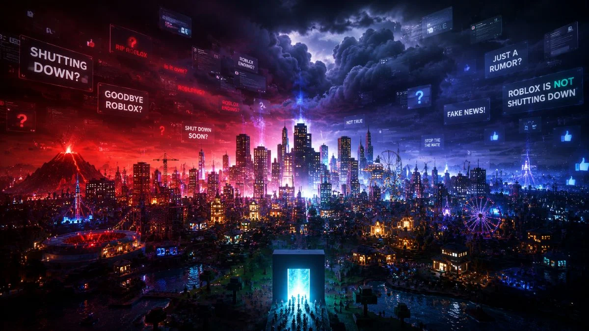 Conceptual illustration of a digital blocks city divided between red shutdown panic screens and blue fake news debunking text.