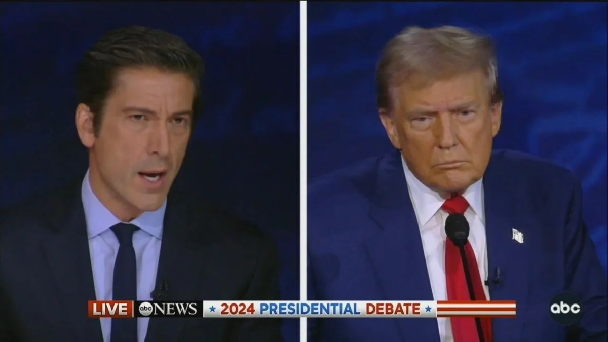 Split-screen broadcast graphic from ABC News featuring anchor David Muir and Donald Trump.