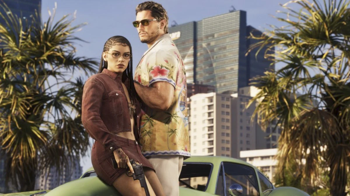 Grand Theft Auto VI main protagonists Lucia holding a gun and Jason standing against a Vice City skyline next to a classic green car.