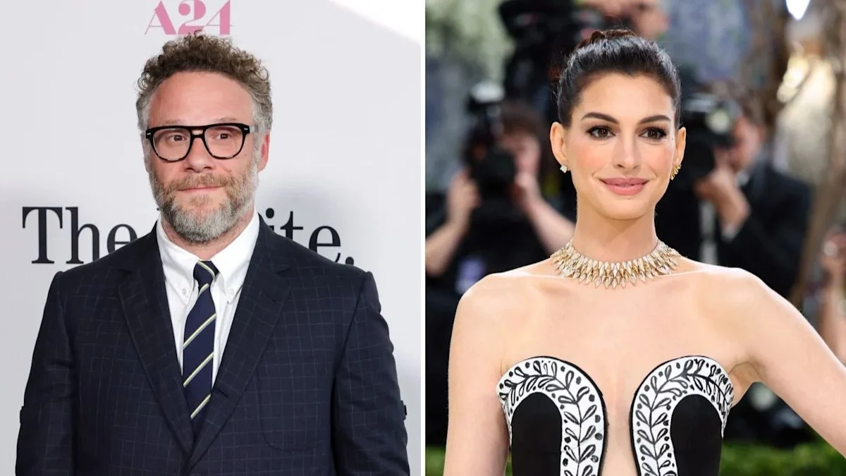 A split-screen photo showing actor Seth Rogen in a suit and glasses on the left, and actress Anne Hathaway smiling at a red carpet event on the right.