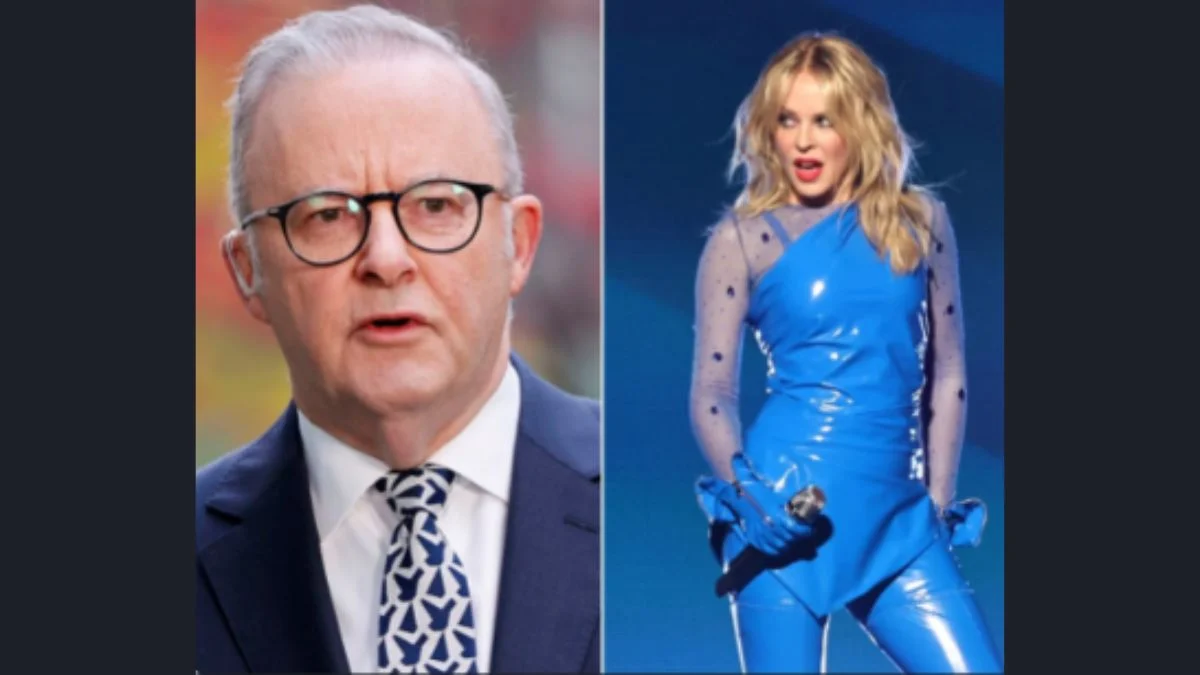 Split image showing Australian Prime Minister Anthony Albanese in a patterned tie speaking on the left, and pop singer Kylie Minogue performing on stage in a bright blue outfit on the right.